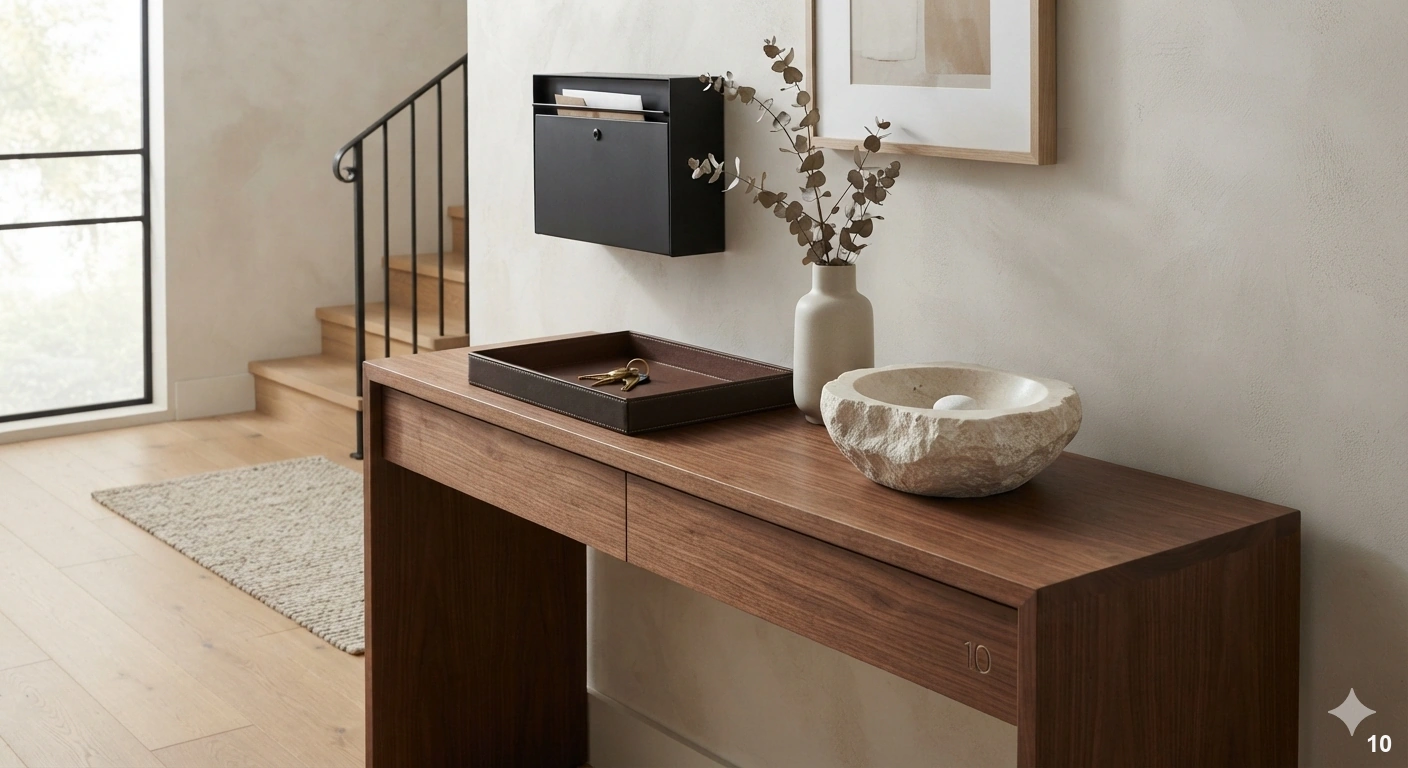 Professional architectural of a sophisticated entryway console table made of rich walnut wood. on the console surface, there...