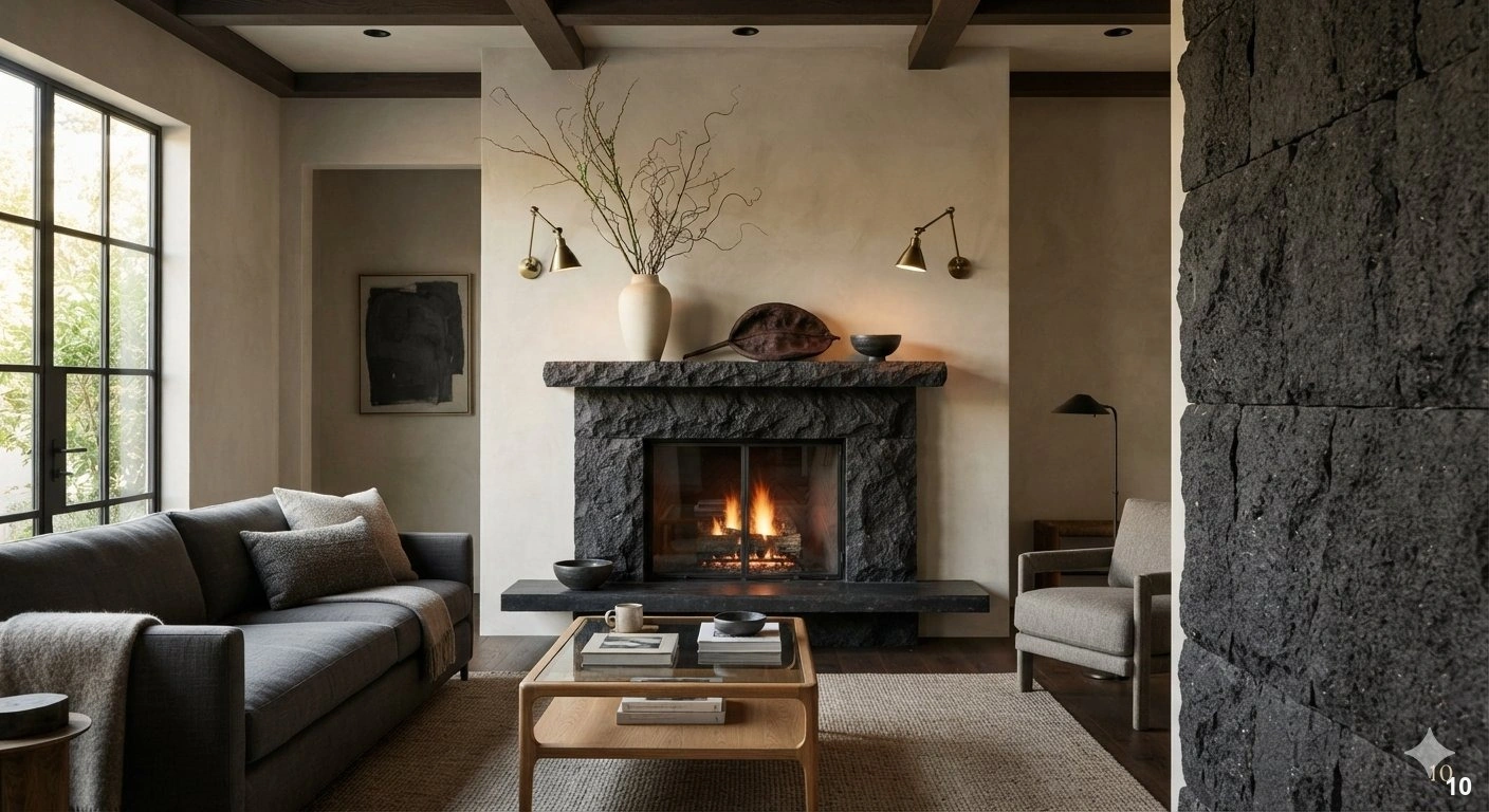 Professional architectural of a sophisticated living room featuring a floor-to-ceiling textured charcoal stone fireplace...