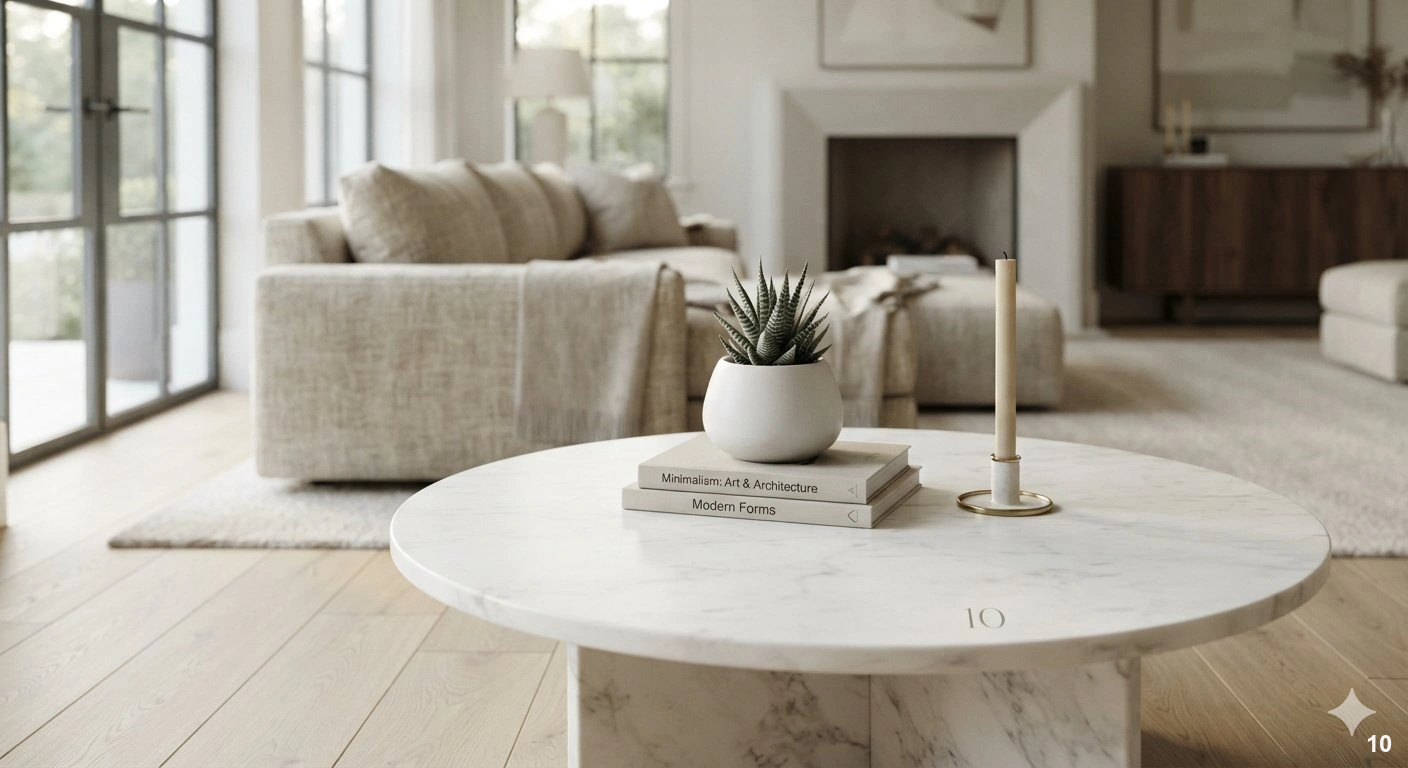 Professional architectural of a sophisticated living room, focused on a sleek, low-profile marble coffee table. on the...