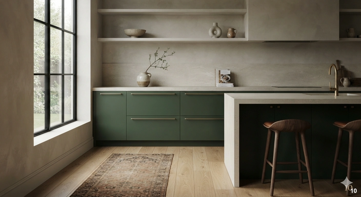 Professional architectural of a sophisticated, modern kitchen featuring deep forest green cabinetry on the lower units...