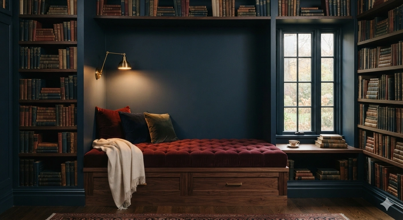 Professional architectural interior photograph of a moody academic reading nook in a deep midnight blue corner. a luxurious...