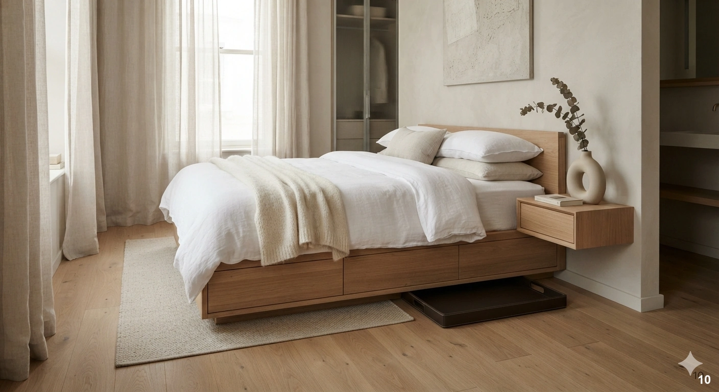 Professional architectural of a sophisticated small-flat bedroom. a low-profile modern platform bed with clean, minimalist...