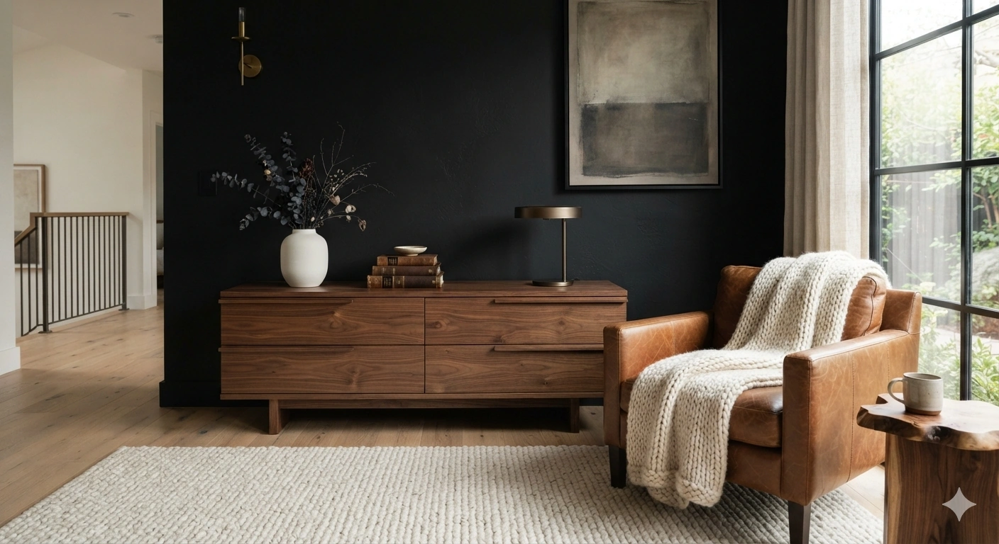 An editorial architectural interior photograph of a sophisticated living room. the focal point is a warm matte black accent...