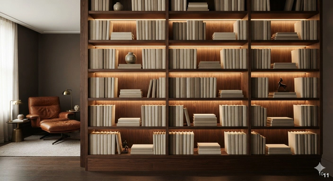 Professional architectural of a sophisticated floor-to-ceiling custom built-in library wall with deep shelving. the styling...