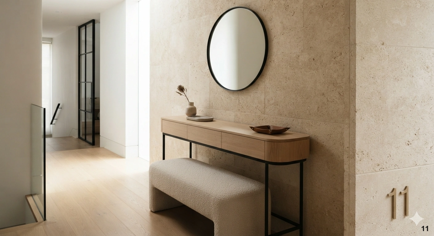 Professional architectural interior photograph of a modern, narrow entryway. a slim-profile console table with rounded edges...