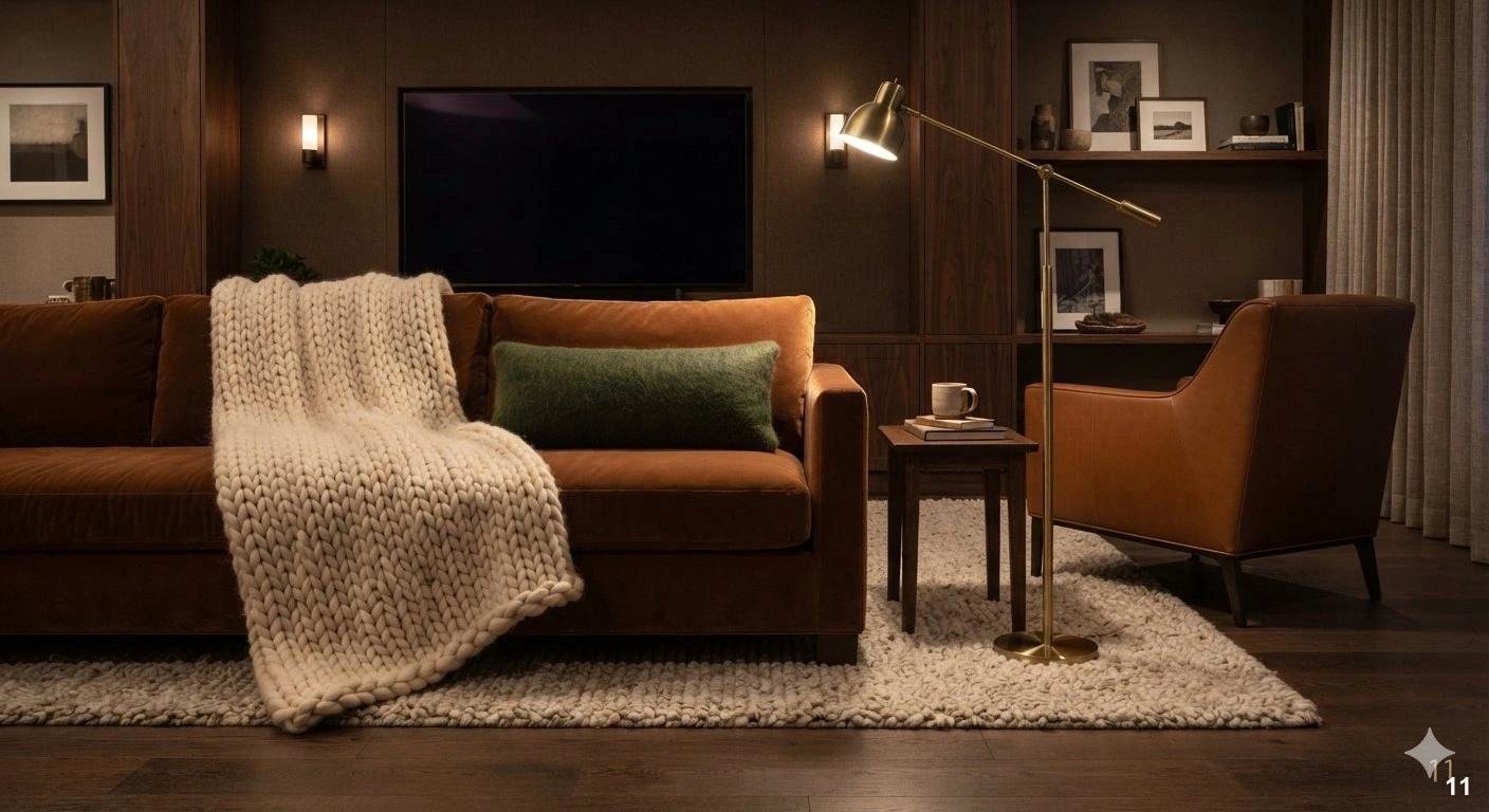 Professional architectural of a sophisticated, cozy media room corner. a plush, deep cognac velvet sofa is draped with a...