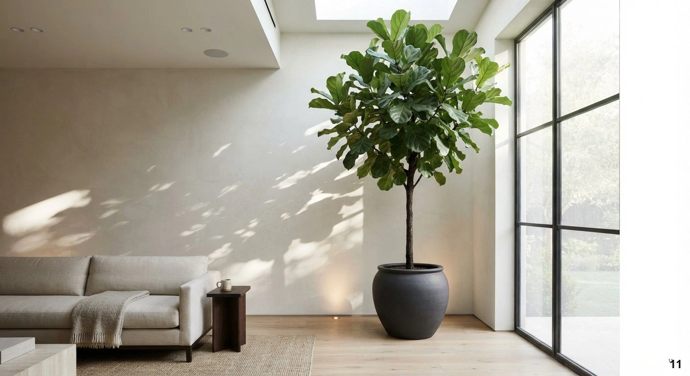 Premium architectural of a sophisticated, sun-drenched living room featuring a towering, mature indoor fiddle leaf fig tree...