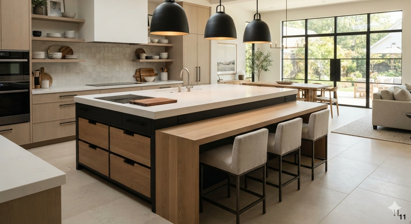 Professional architectural of a modern, multi-level kitchen island in an open-concept home. the island features a high-level...