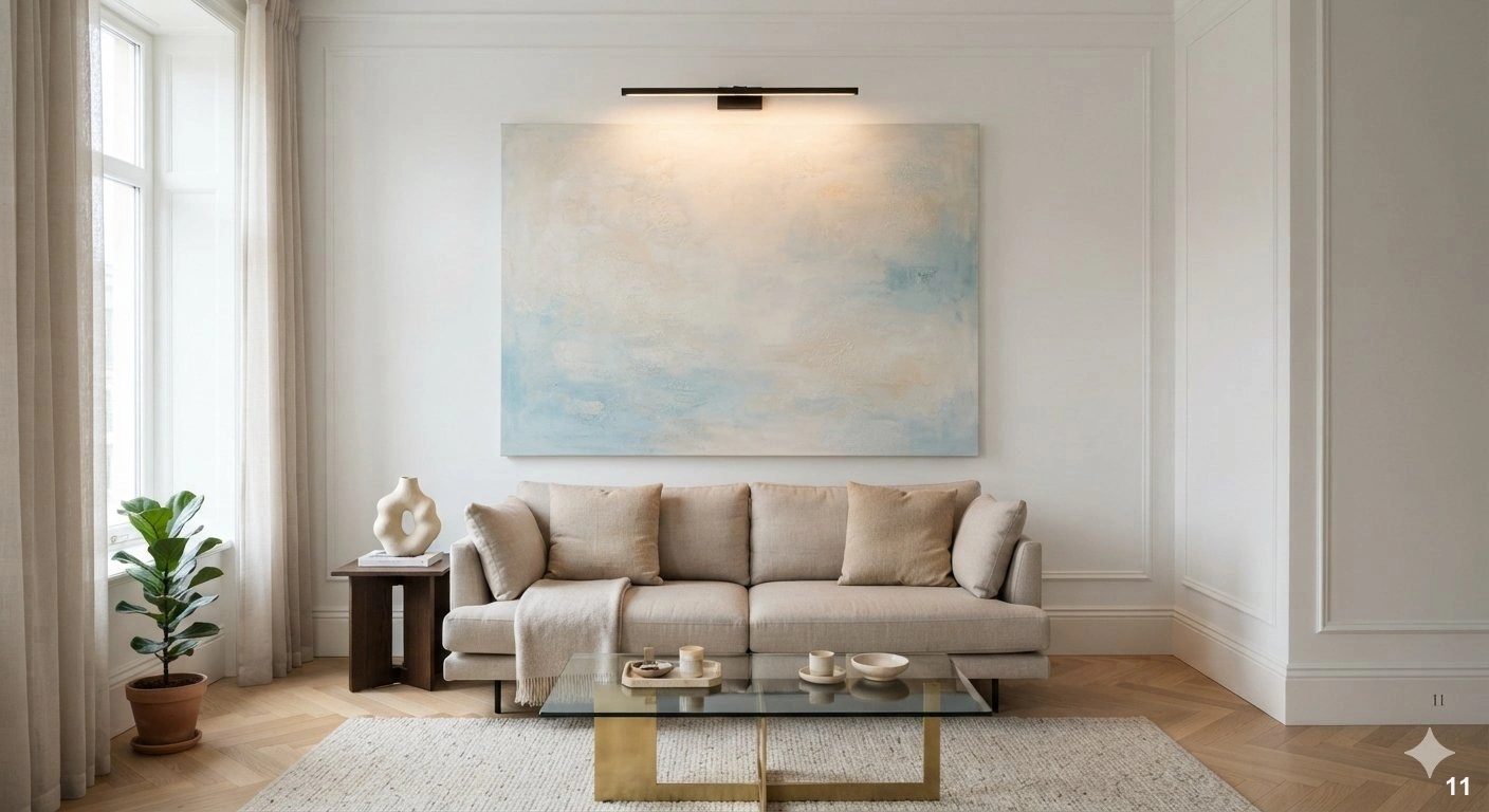 Professional architectural of a sophisticated, compact living room. the focal point is a single, massive, oversized abstract...