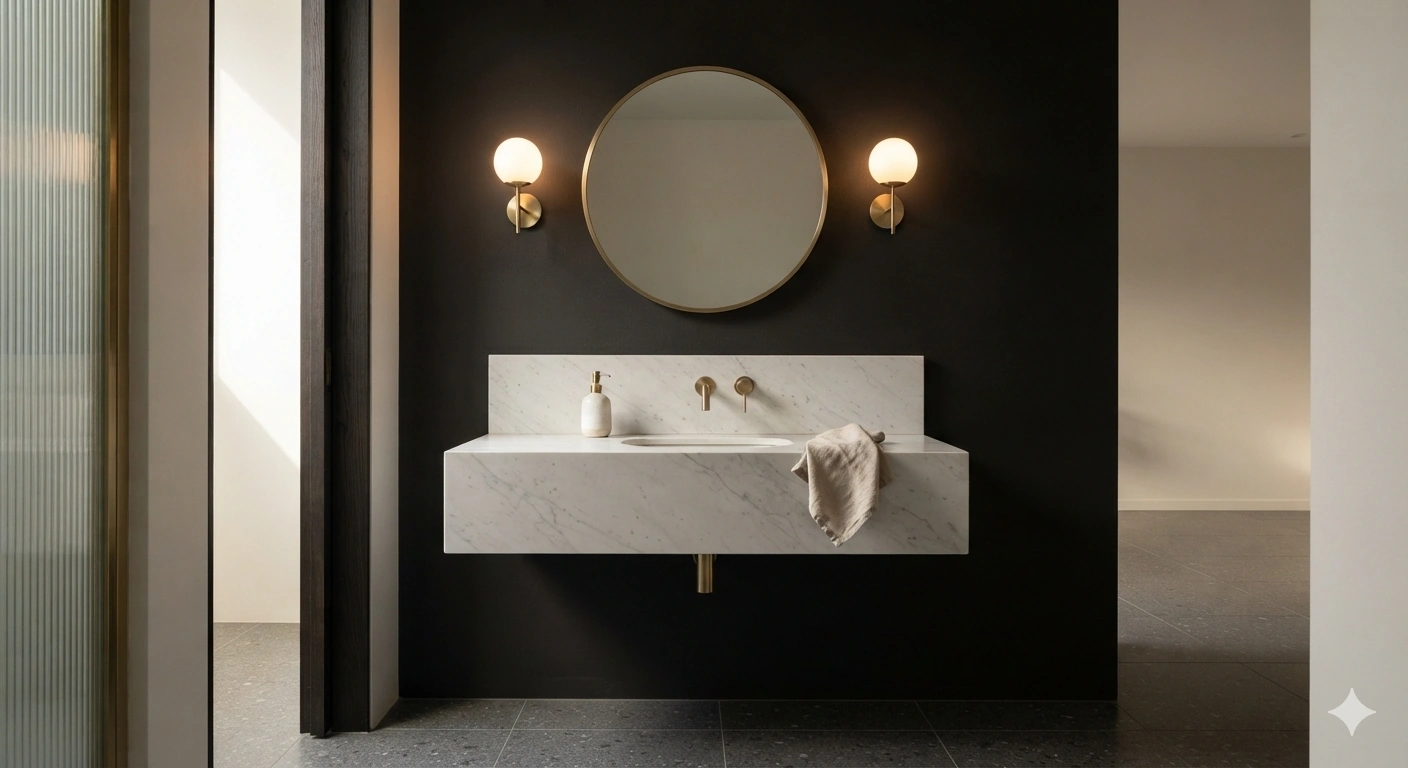An editorial architectural interior photograph of a luxury powder room featuring a matte warm black accent wall. against the...