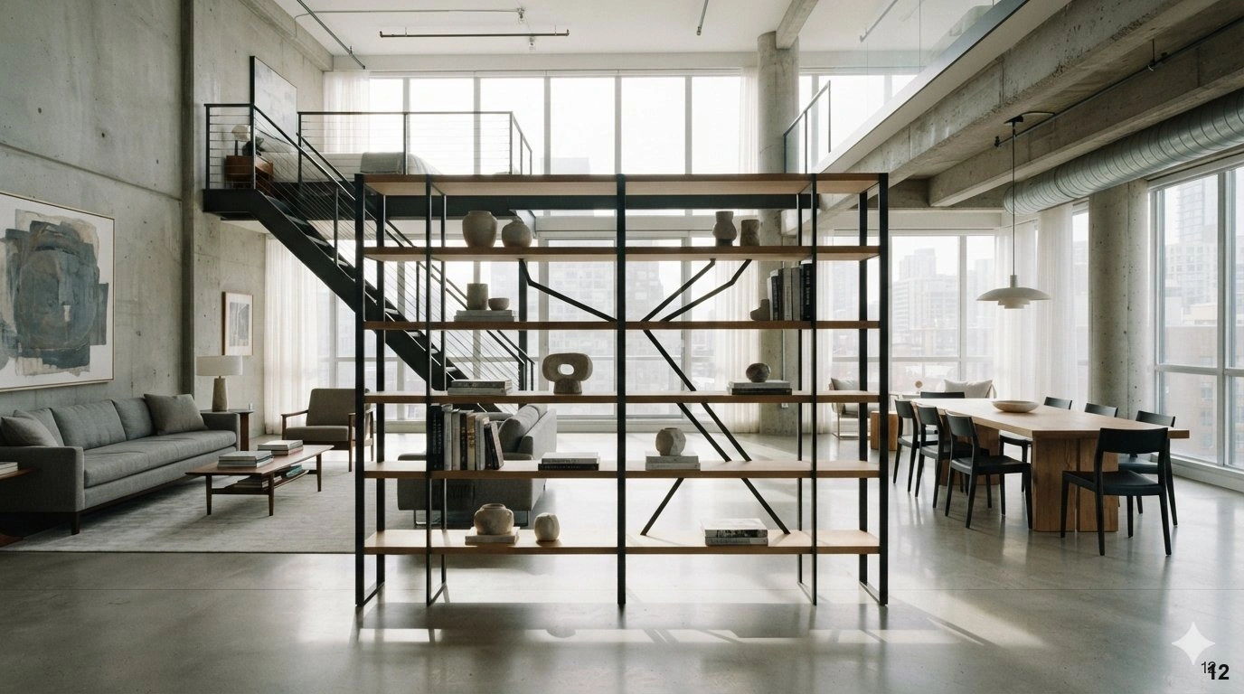 Professional architectural interior photograph of a spacious, light-filled open-plan loft. a floor-to-ceiling, open-backed...
