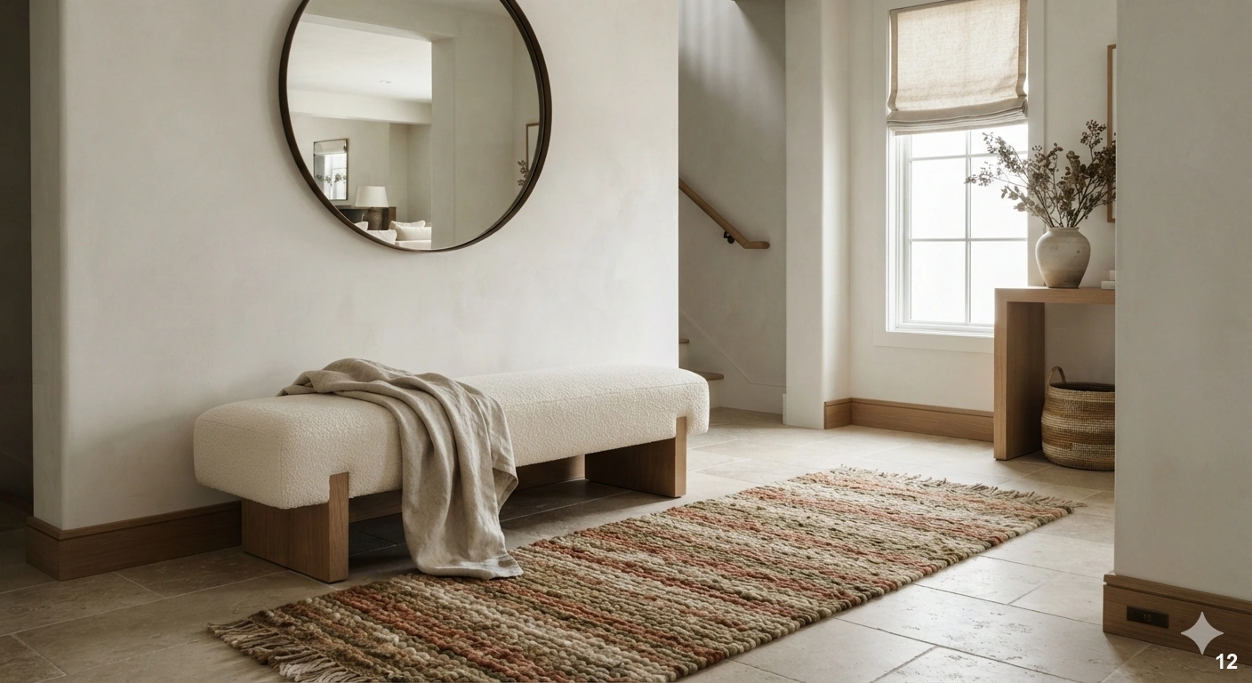 Professional architectural of a warm, inviting entryway. the scene features a plush, upholstered entryway bench in a cream...