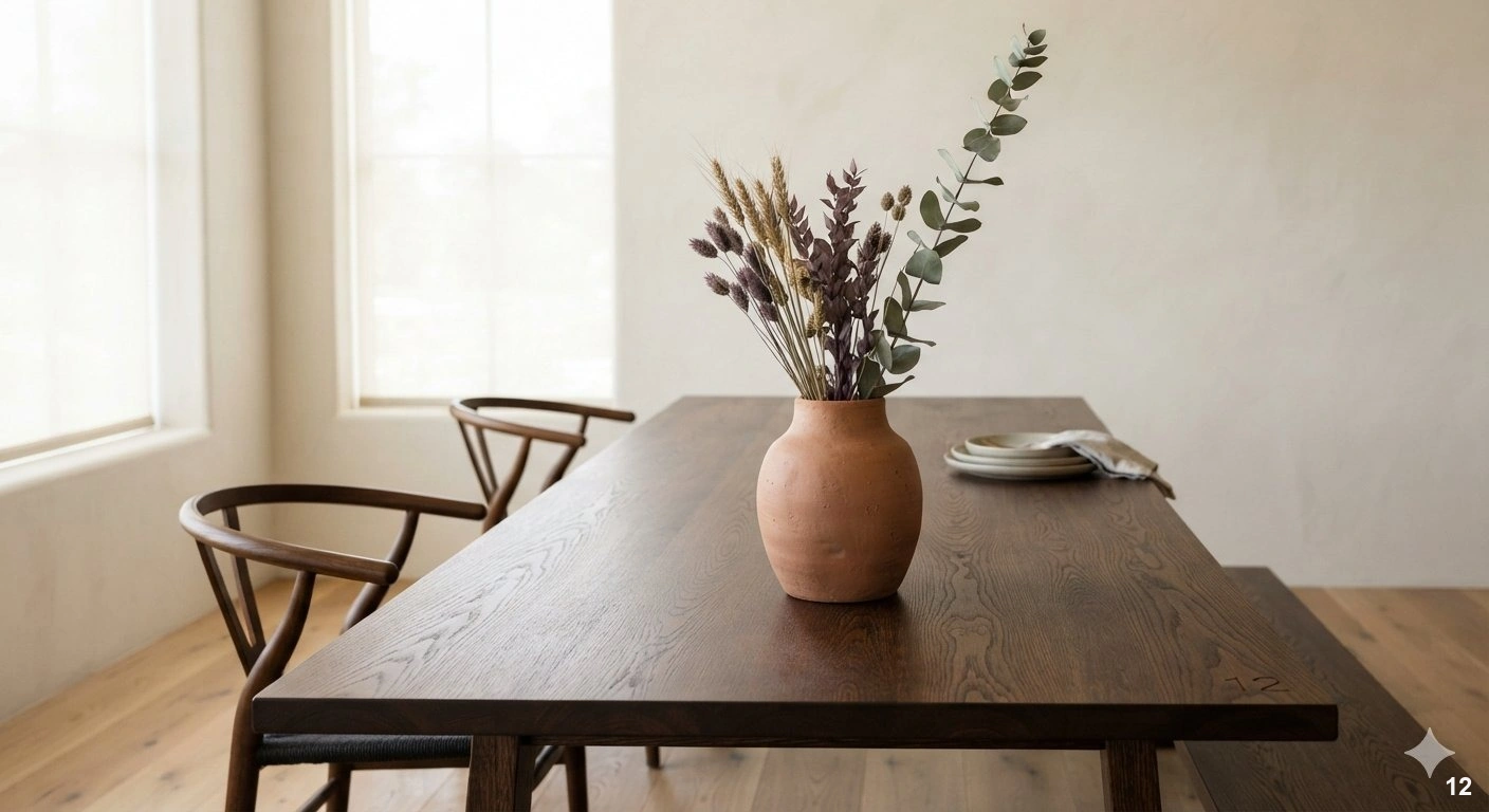 Professional architectural of a minimalist dining room featuring a raw, hand-thrown matte terracotta vase placed centrally...
