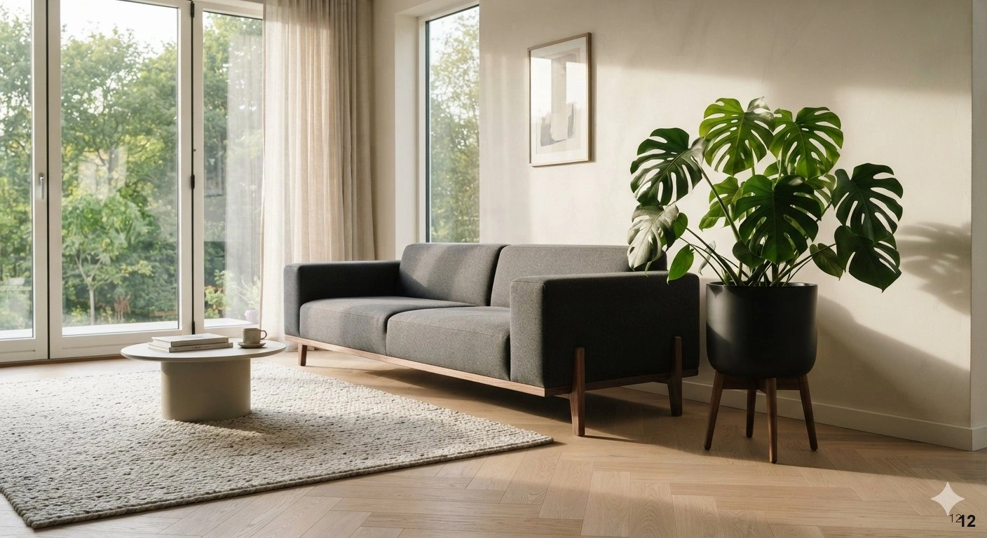 Professional architectural of a sophisticated, sunlit living room featuring a minimalist, low-profile charcoal grey sofa...