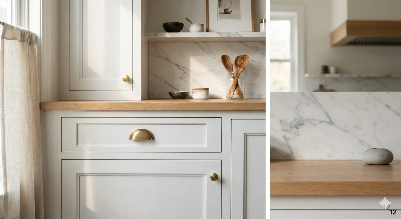 Professional architectural of a bright, modern kitchen featuring crisp white shaker-style cabinetry. the focus is on a...