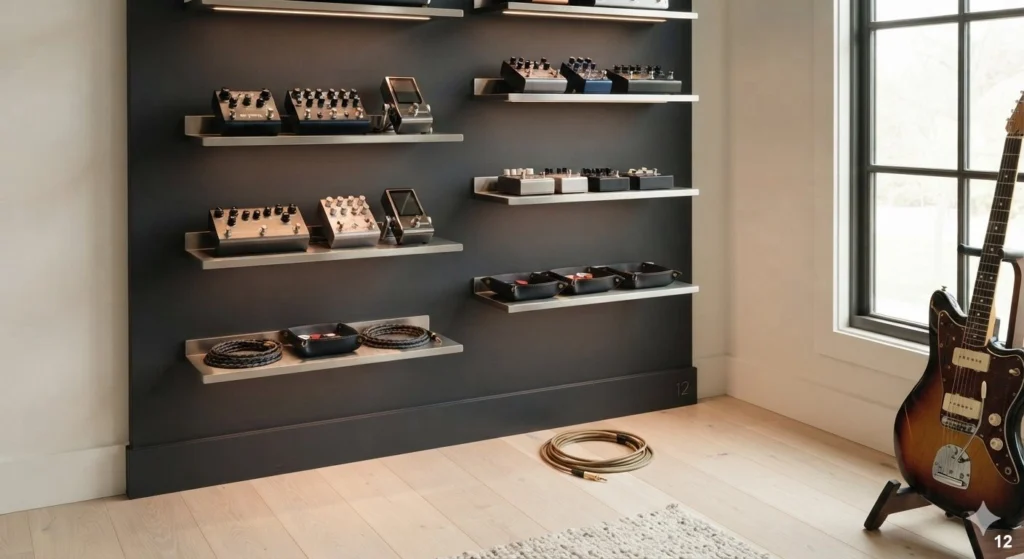 Installing Floating Shelves for Pedals and Accessories - Music Room Decor Ideas
