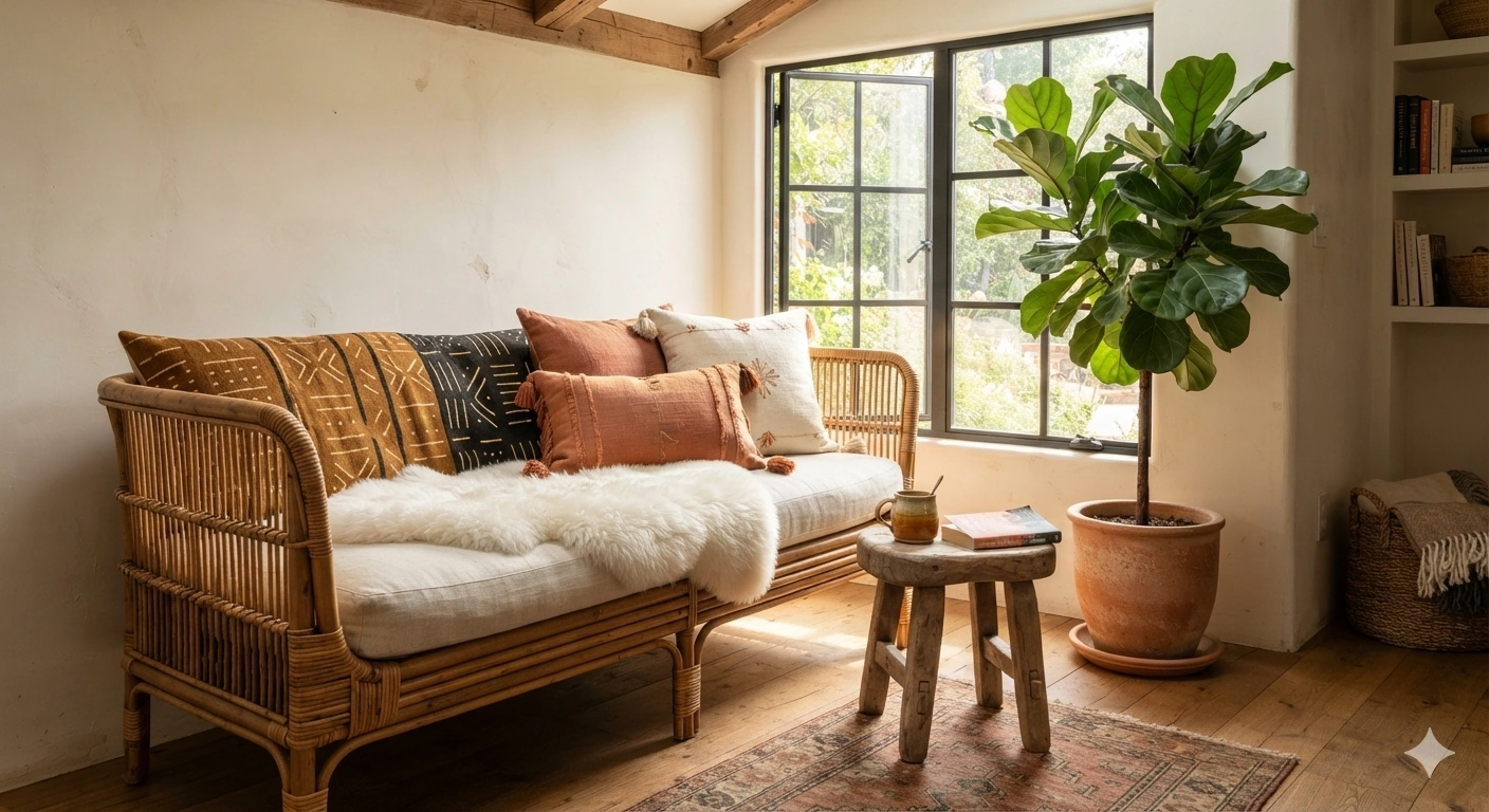 An editorial architectural interior photograph of a cozy reading nook featuring a bohemian rattan bench in a sun-drenched...
