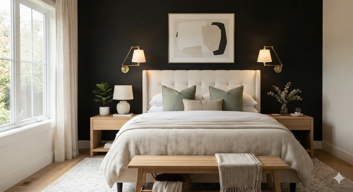 An eye-level, professional architectural interior photograph of a cozy master bedroom sanctuary. the accent wall behind the...