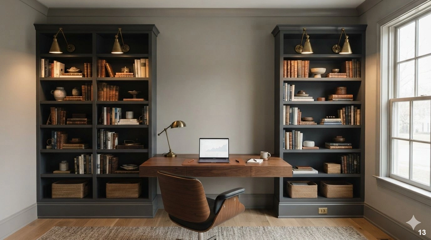 Professional architectural of a sophisticated, monochromatic home office. the room features seamless floor-to-ceiling custom...