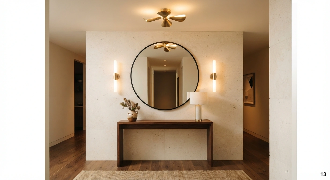 Professional architectural of a sophisticated, windowless entryway. the space features a warm, inviting atmosphere with...