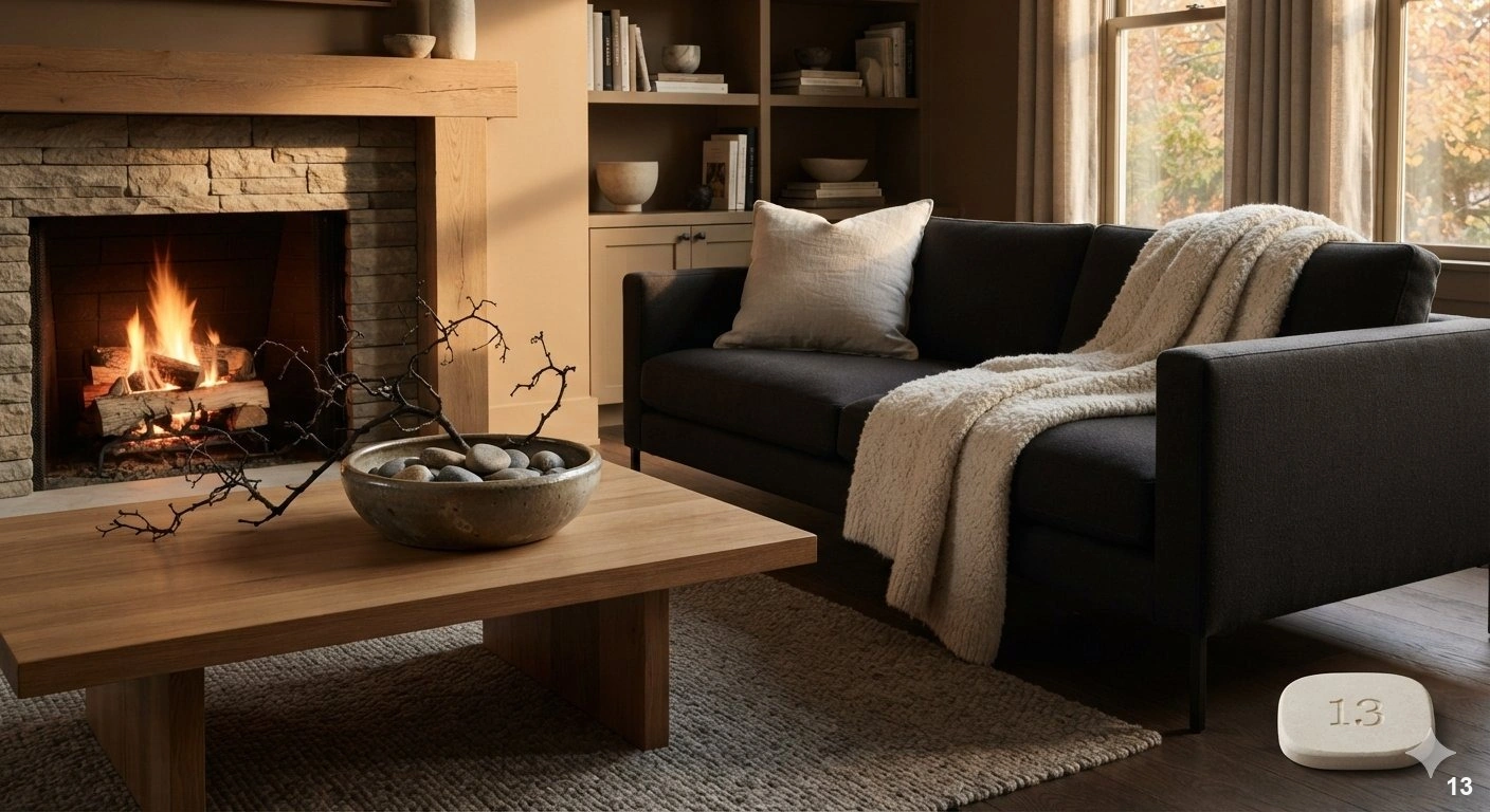 Professional architectural of a sophisticated, intimate living room corner arranged for cozy autumn ambiance. the scene...