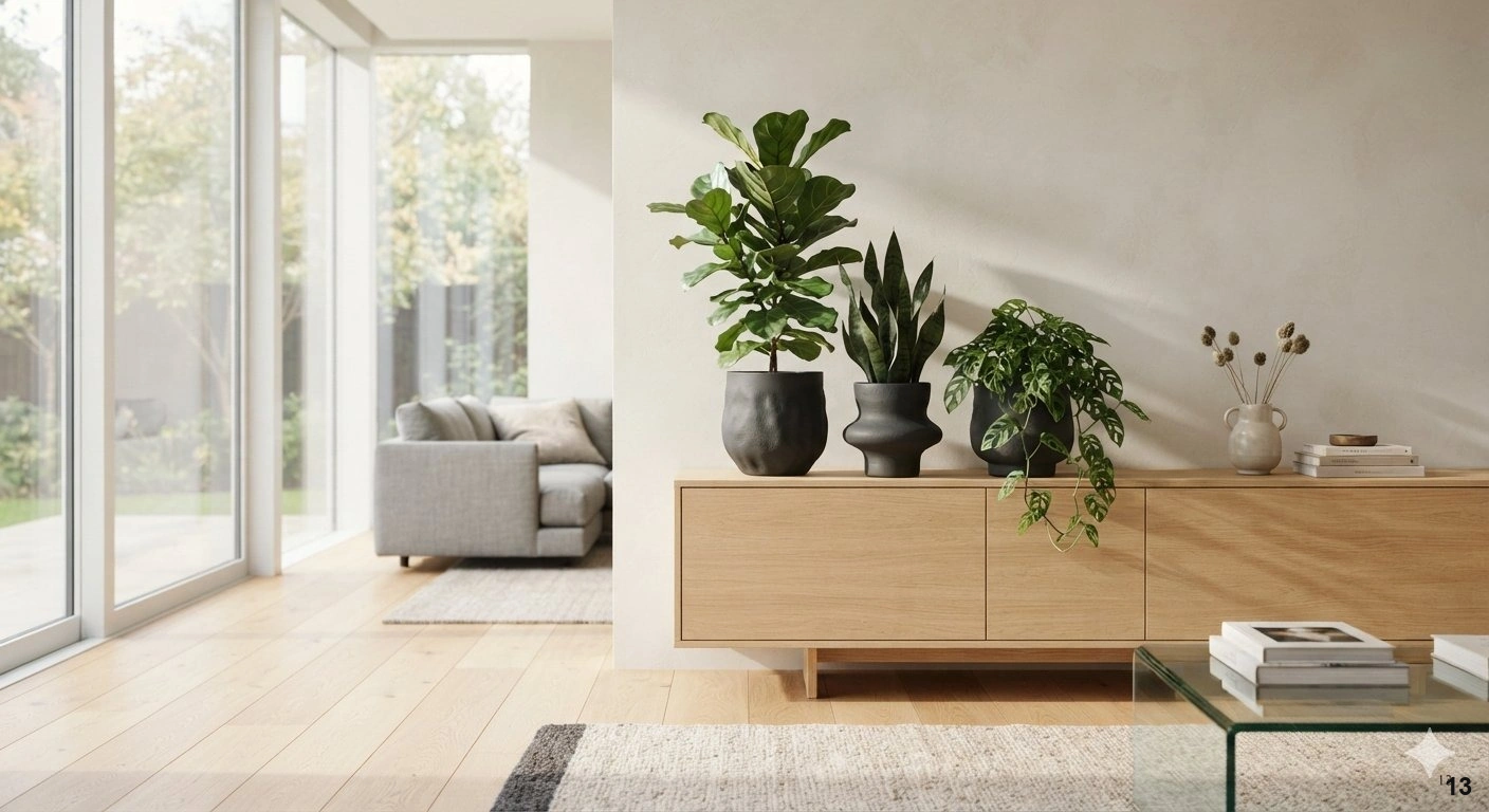 Professional architectural of a sun-drenched, modern living room featuring a curated indoor plant collection. a cluster of...
