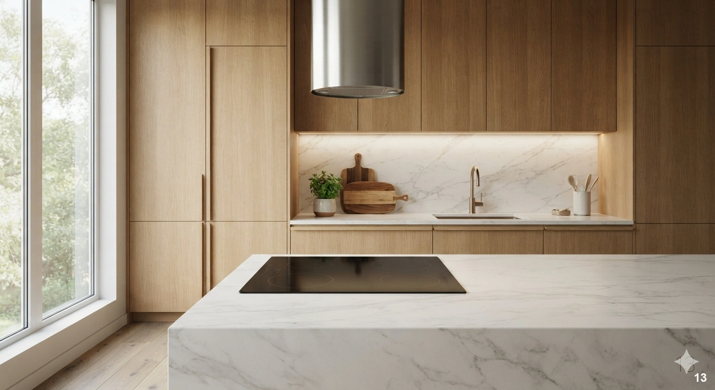 Professional architectural of a modern, sustainable luxury kitchen. the focal point is a sleek, black induction cooktop...