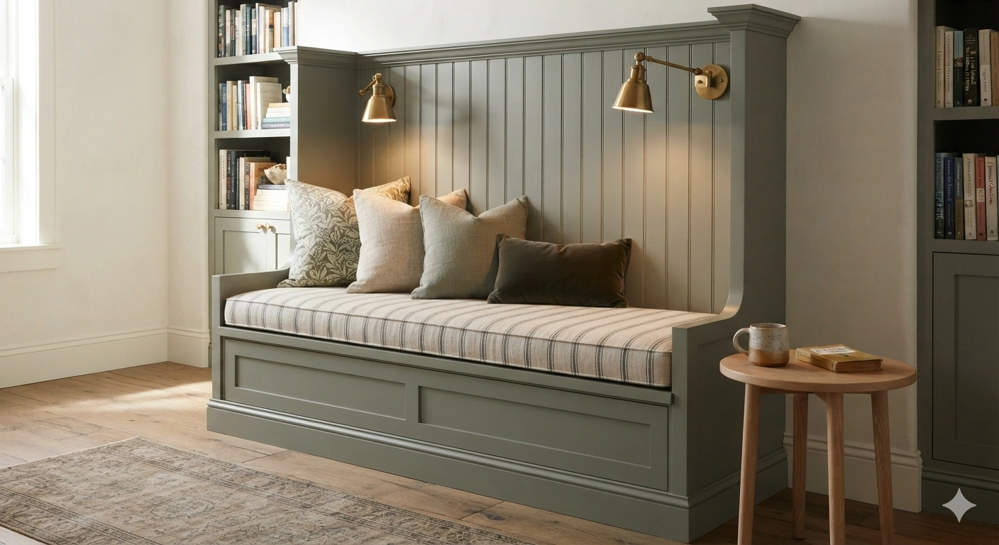 An eye-level, professional architectural photograph of a cozy reading nook featuring a high-back built-in settle bench with...