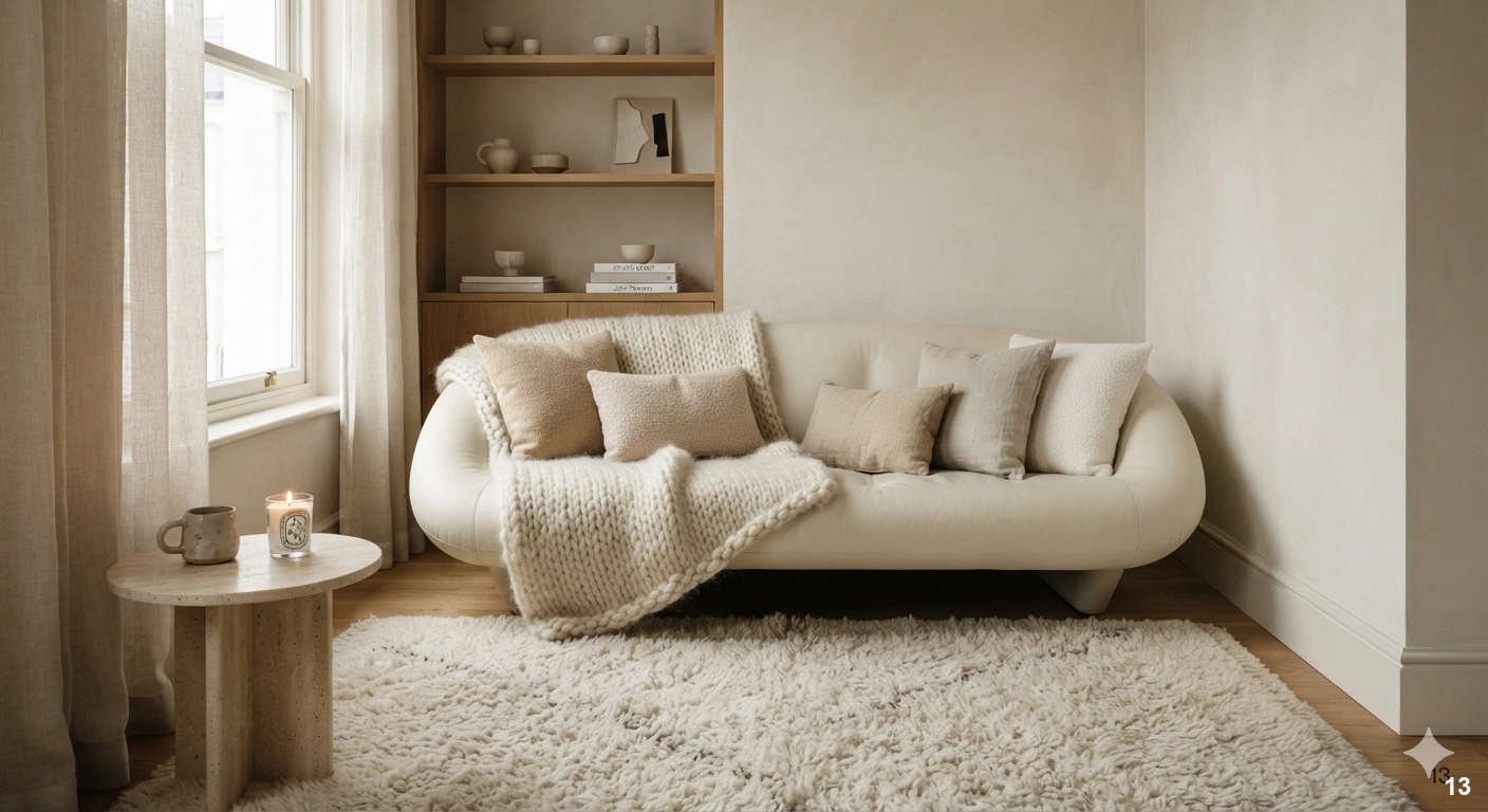Professional architectural of a compact, curated living space embodying 'cozy minimalism'. the focal point is a sleek...