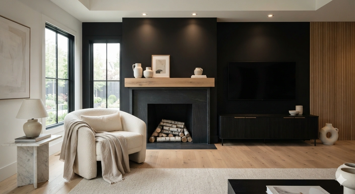 An editorial architectural photograph of a modern living room featuring a dramatic matte black accent wall. the focal point...