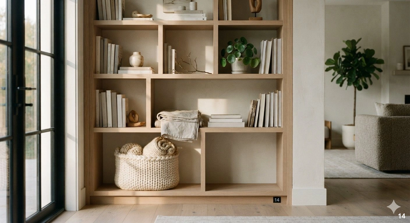 Professional architectural of a sophisticated floor-to-ceiling custom oak bookshelf in a serene, high-end living room. the...