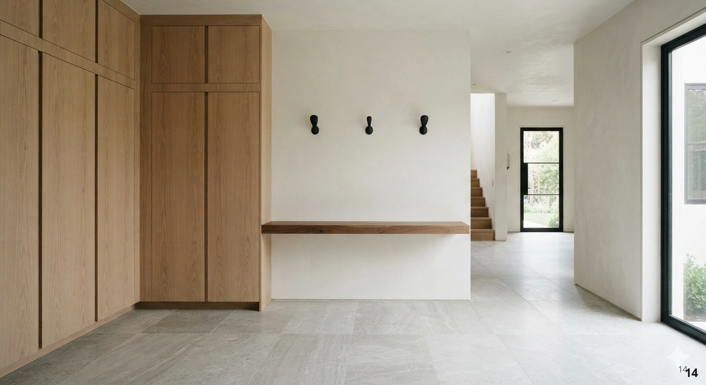 Professional architectural of a serene, minimalist mudroom. the space features floor-to-ceiling custom white oak cabinetry...