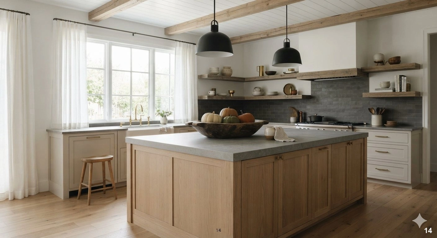 Professional architectural of a sophisticated modern farmhouse kitchen. the scene features a large, clean-lined kitchen...