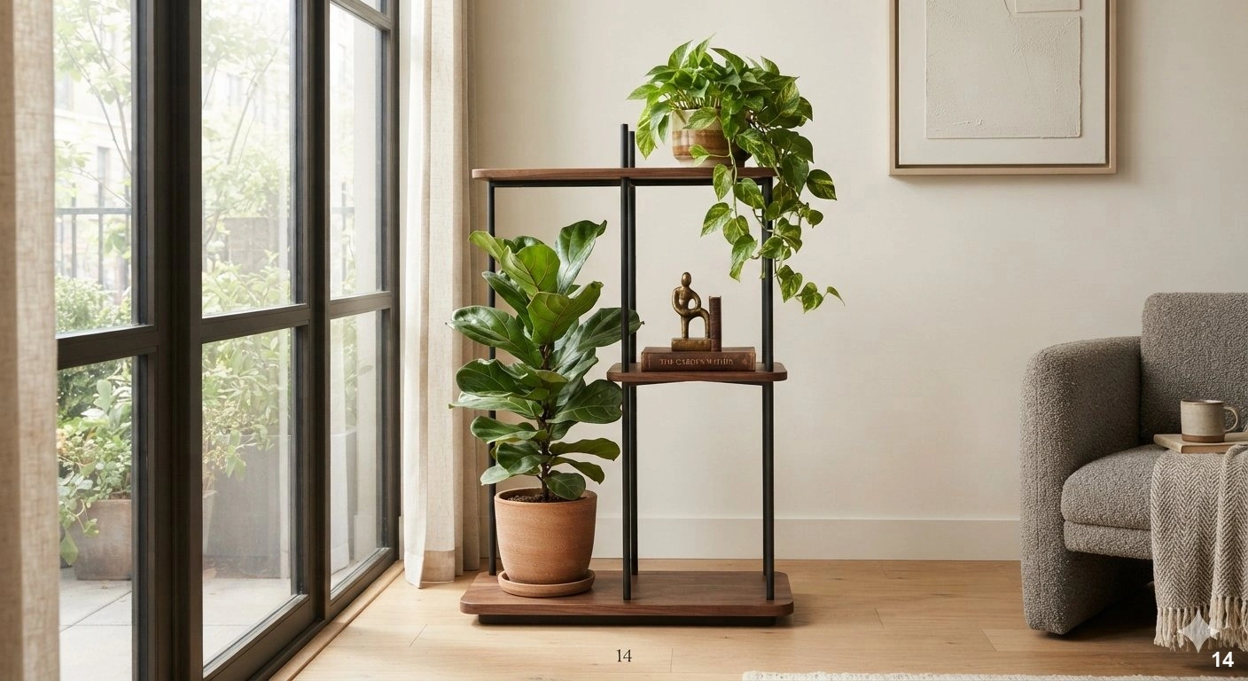 Professional interior design a sunlit contemporary living room corner. a sophisticated, minimalist three-tier plant stand...