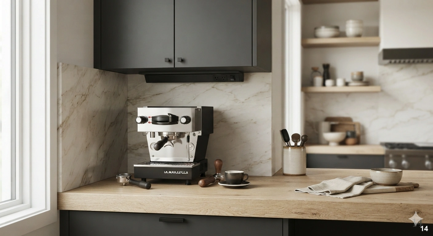Professional architectural of a clean, modern kitchen prep station. the scene features a white oak countertop with a marble...