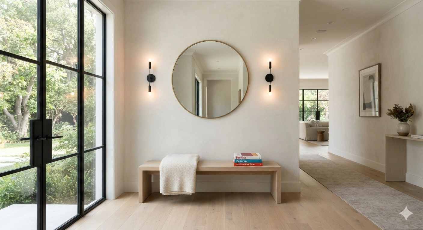 An eye-level architectural interior photograph of a wide, sunlit hallway featuring a minimalist low-profile white oak bench...