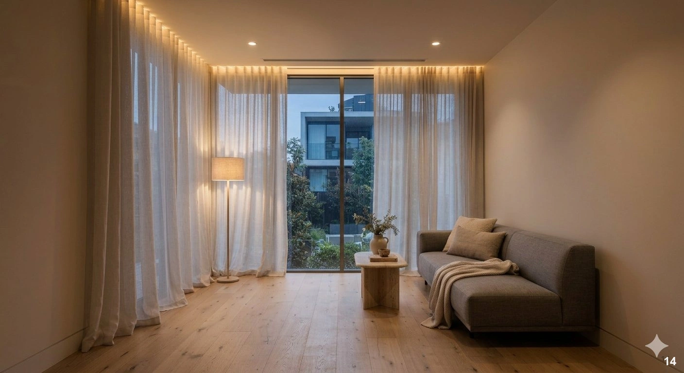 Professional architectural of a sophisticated, compact living area. the focal point is a floor-to-ceiling window treatment...