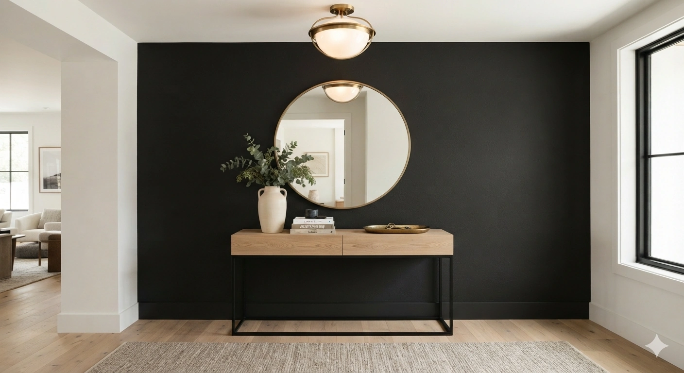 An eye-level architectural photograph of a chic modern entryway featuring a warm charcoal-black accent wall. against the...