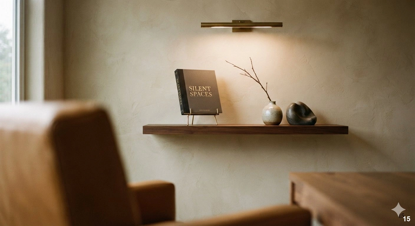 Professional architectural of a sophisticated, high-end home study. a single, minimalist dark walnut floating bookshelf is...