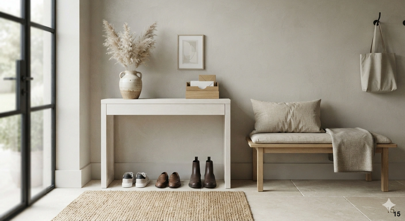 Professional a clean, serene, and organized modern entryway. a minimalist white oak console table sits against a soft greige...