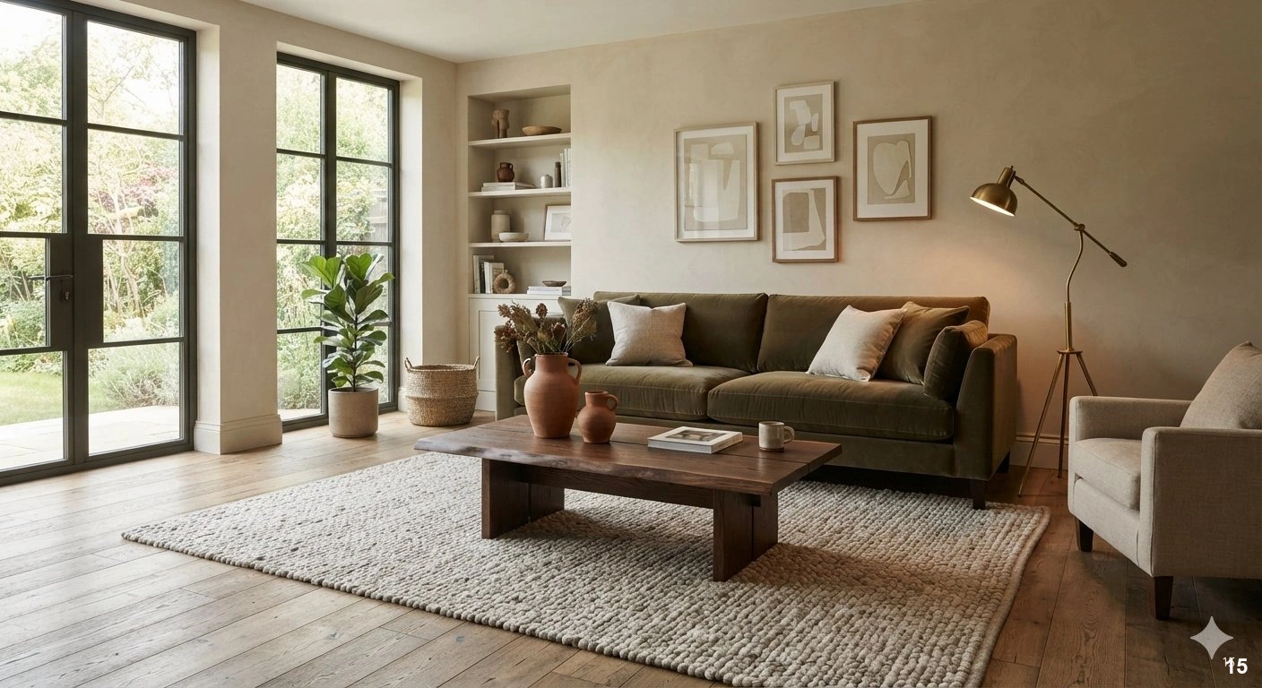 Professional architectural of a sophisticated living room featuring a rich, muted olive velvet sofa as the focal point. the...