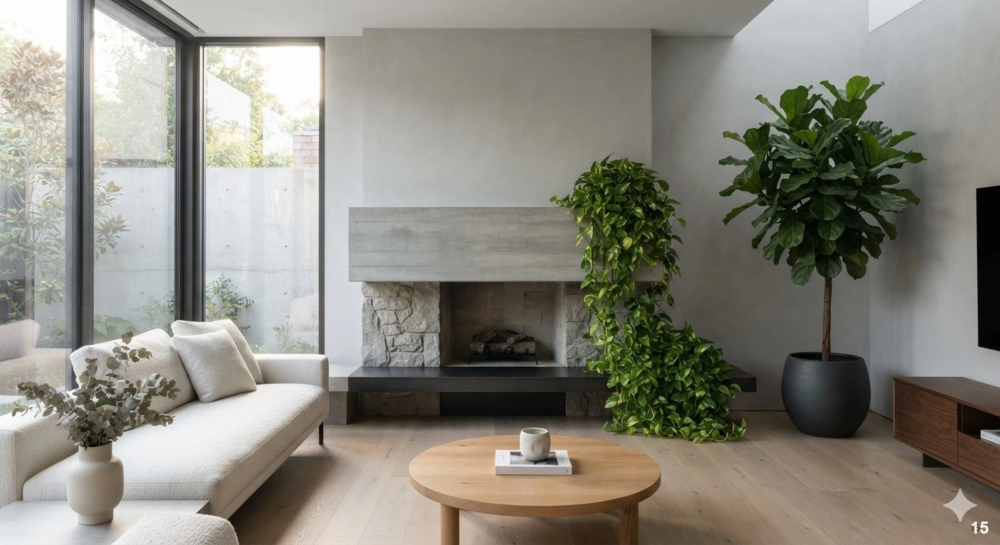 Professional architectural of a sophisticated modern living room featuring sharp, minimalist architectural lines. a sleek...