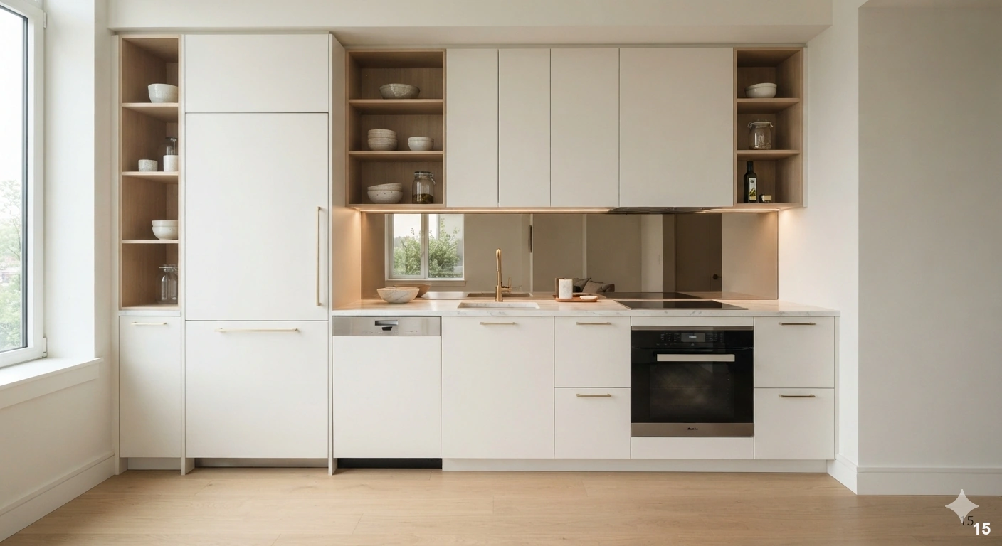 Professional architectural of a compact, ultra-efficient modern kitchen. floor-to-ceiling custom cabinetry in a matte...