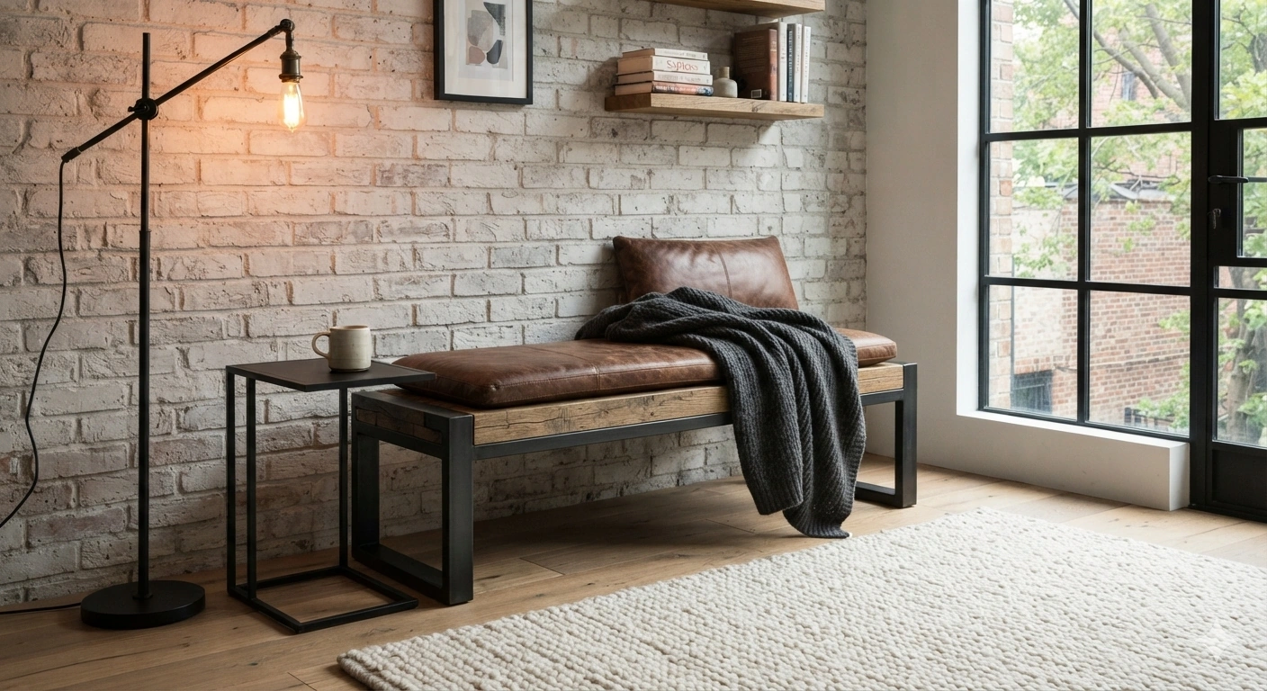 A professional architectural interior photograph of a cozy reading nook. the centerpiece is an industrial bench with a matte...