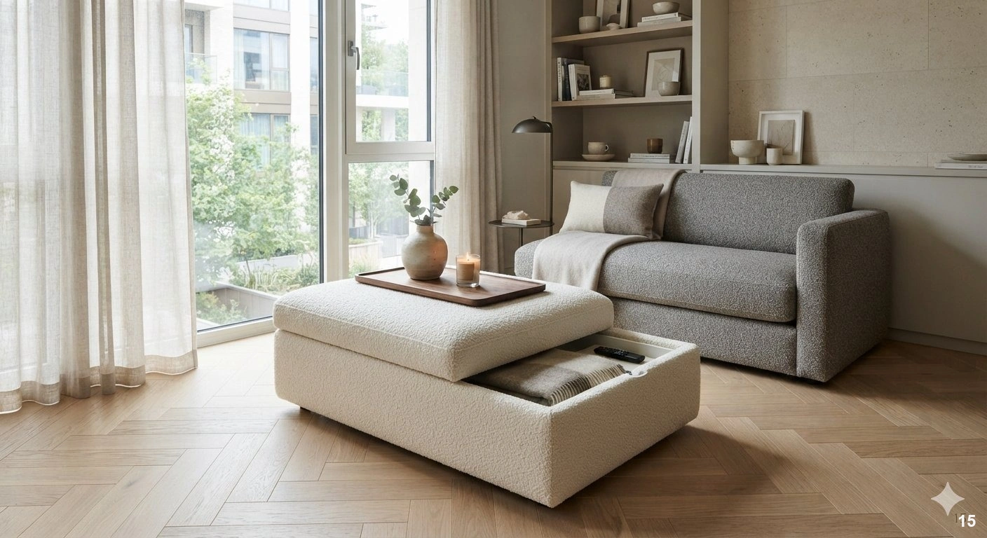 Professional architectural of a sophisticated, compact modern living room. the focal point is a sleek, low-profile, high-end...