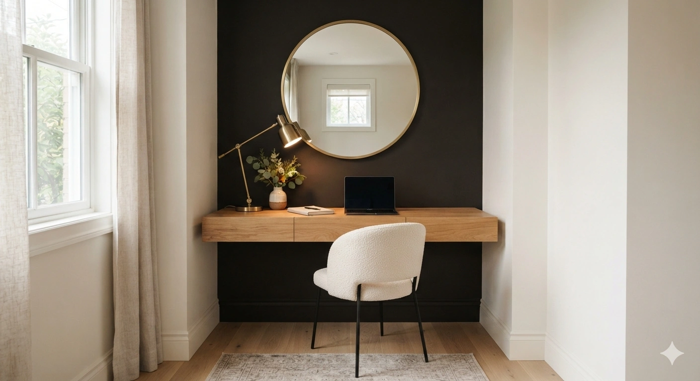 An eye-level, professional architectural interior photograph of a stylish, compact home office nook. the back accent wall is...