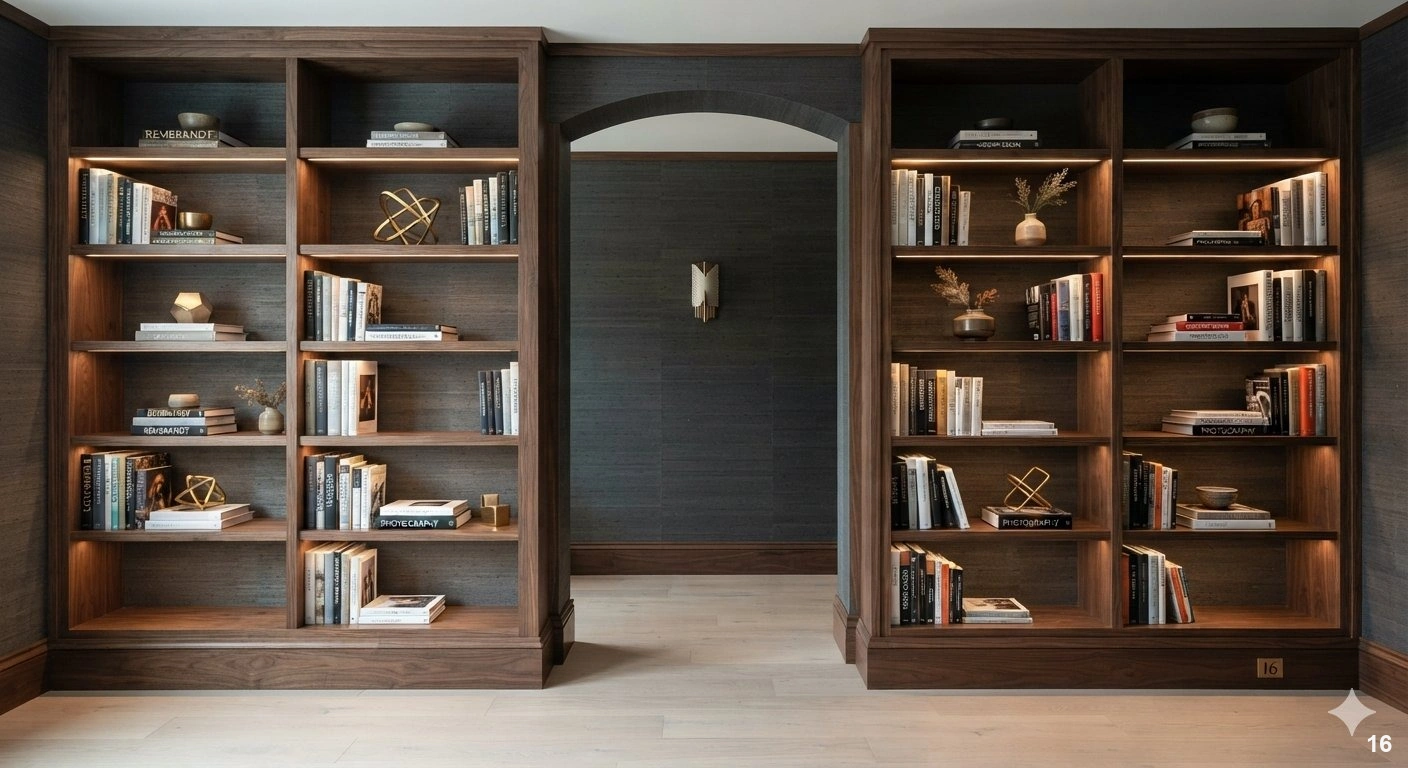 Professional a sophisticated floor-to-ceiling built-in bookshelf in a refined home study. the back panel of the shelving is...
