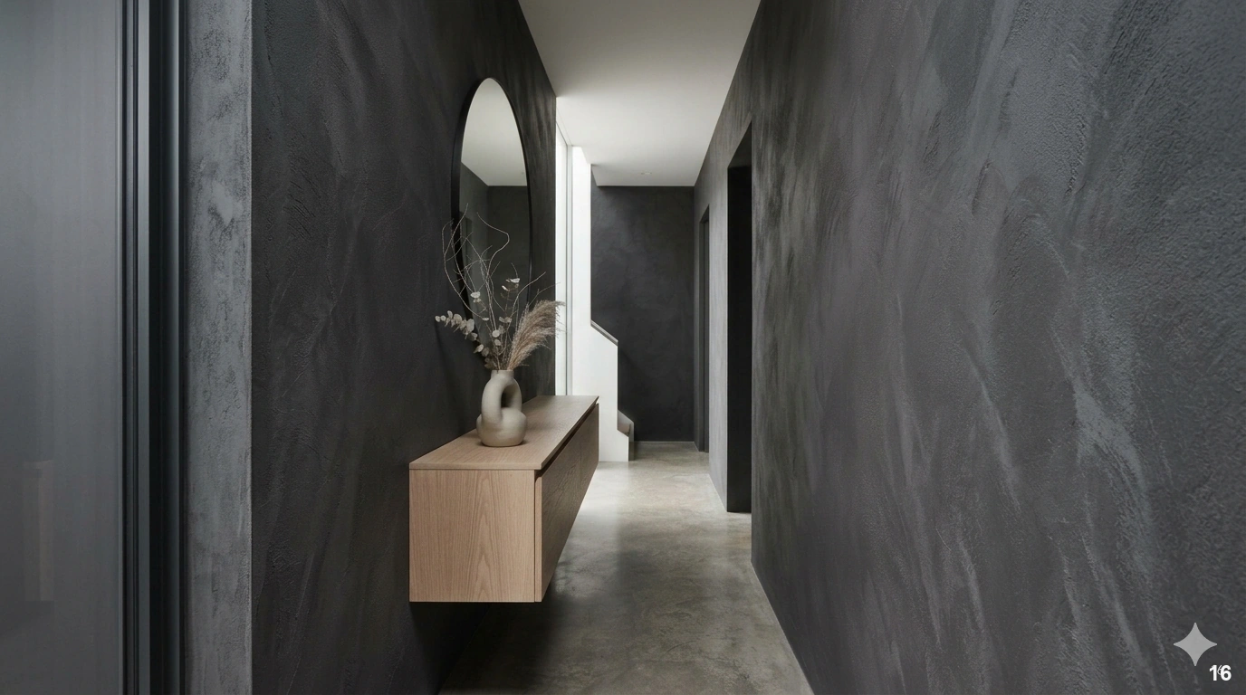 Professional architectural of a sophisticated, narrow entryway featuring rich, dark charcoal limewash walls with beautiful...