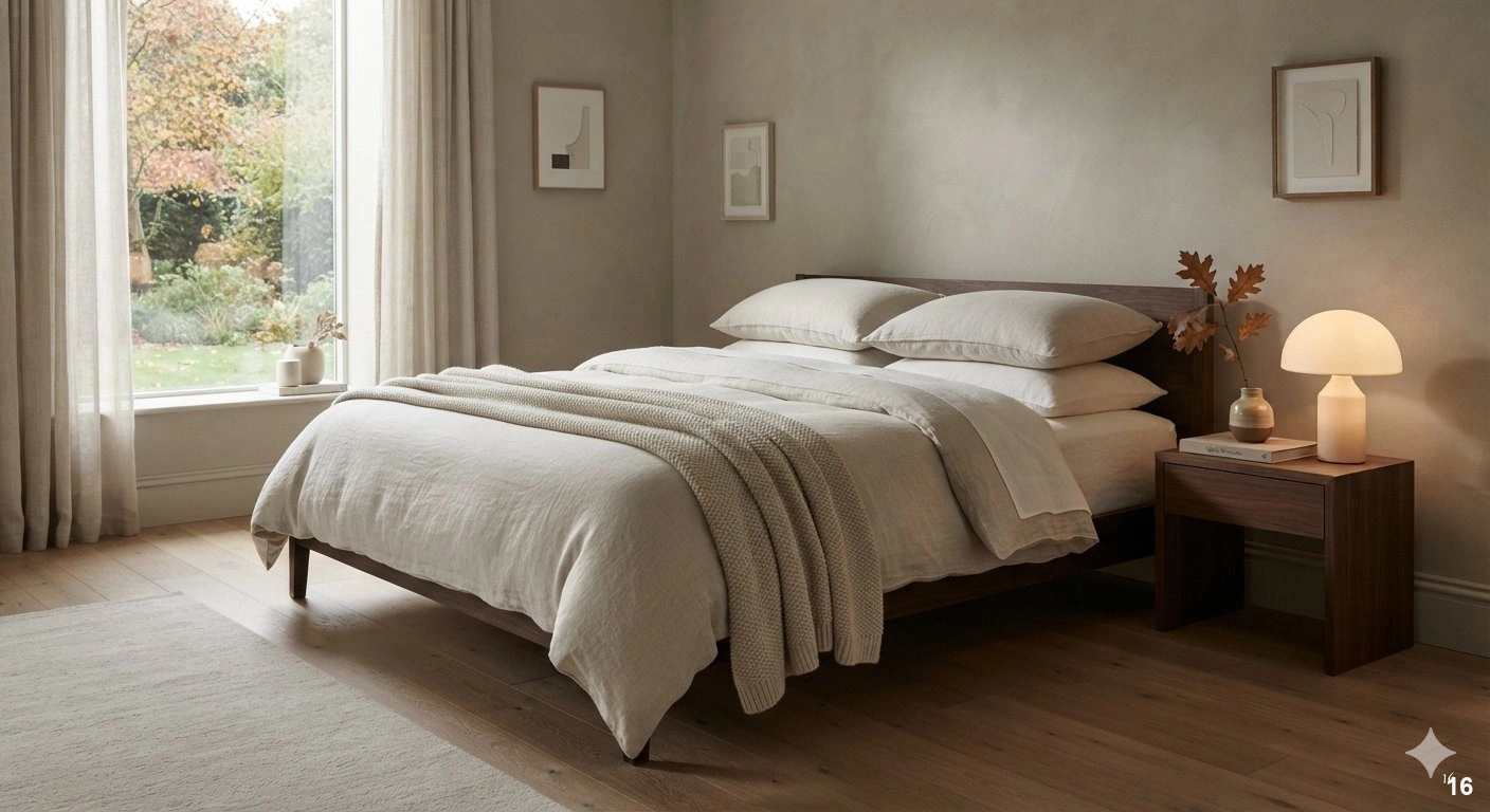 Professional architectural of a serene, high-end bedroom designed as an autumn retreat. the bed is the focal point, dressed...
