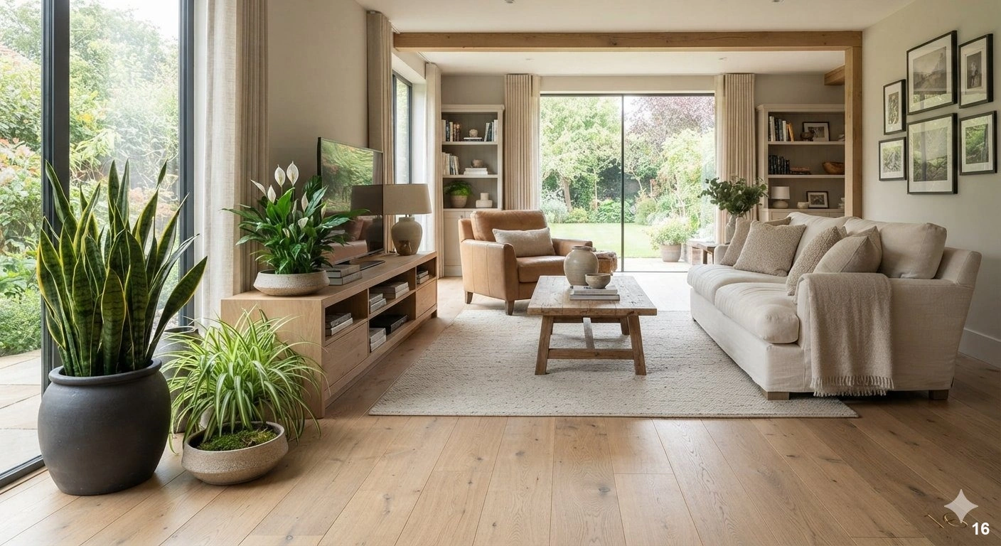 Professional architectural of a sophisticated, sun-drenched family living room. the space features a lush 'green corner'...